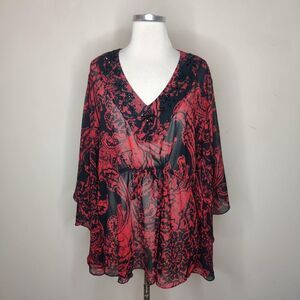 Coldwater Creek Beaded Dolman Sleeve Blouse Red Black Floral